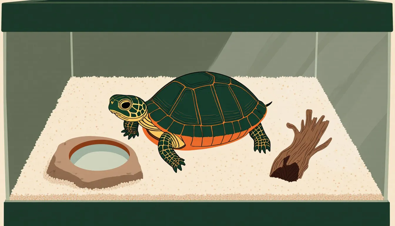 A small pet turtle basking on a rock inside a compact tabletop terrarium