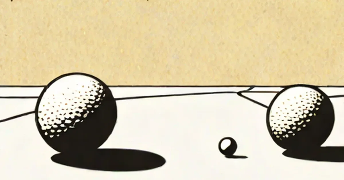 Two dimpled boules with a small jack on a playing court