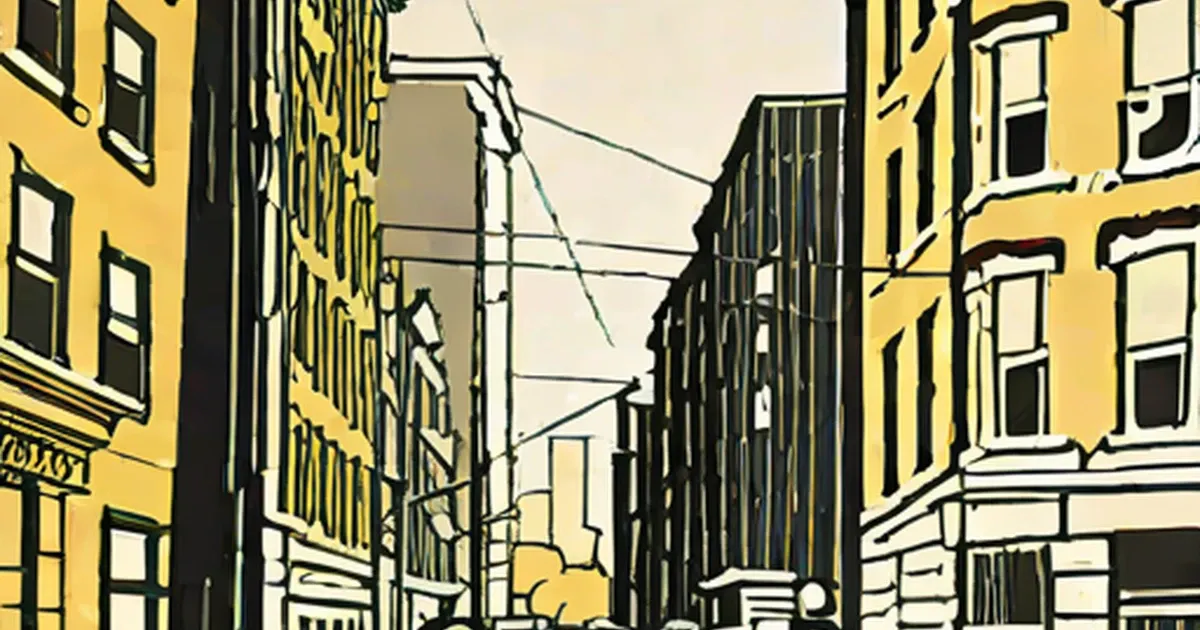 Stylized illustration of a narrow city street lined with tall yellow and dark brick buildings and overhead power lines