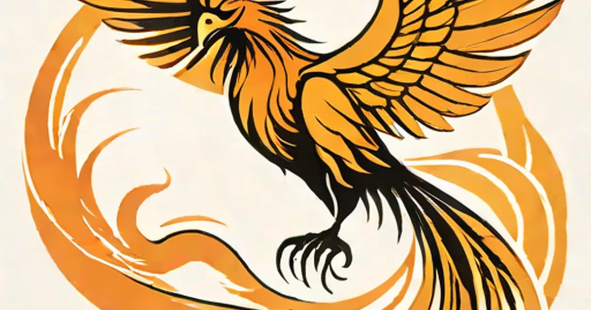 Phoenix with spread wings and black feathers in orange and gold tones