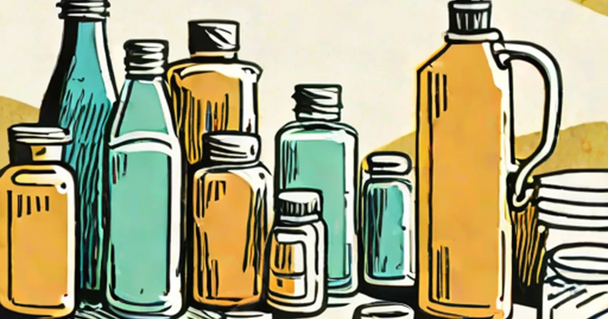 Laboratory bottles and containers filled with turquoise and golden colored liquids
