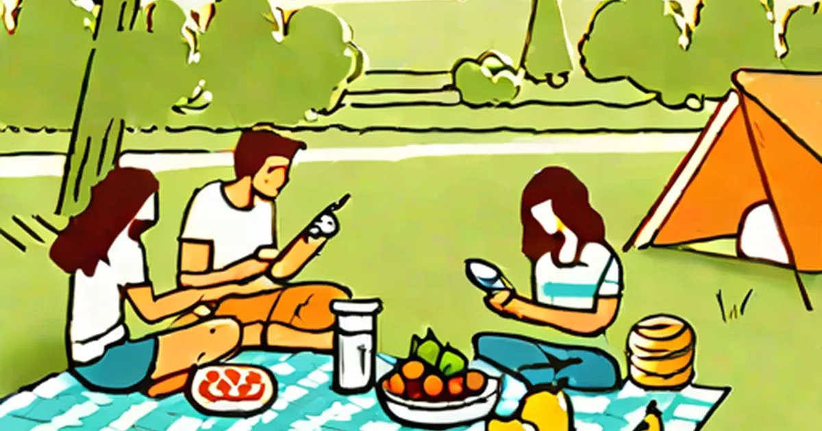 Two people sit on a checkered blanket surrounded by picnic food and an orange tent