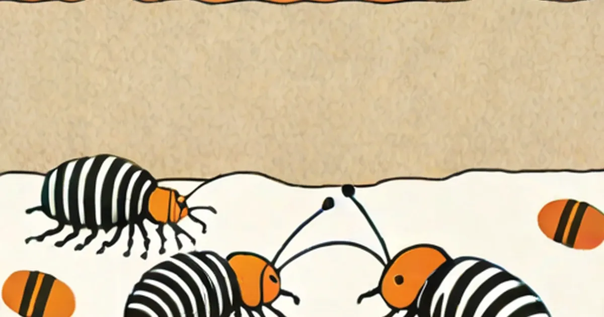 Illustrated pill bugs with orange heads and black-and-white striped segmented bodies