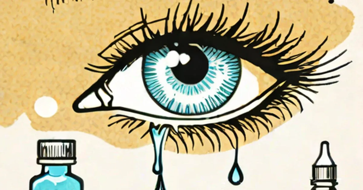 Stylized blue eye with two eyedropper bottles and liquid droplet