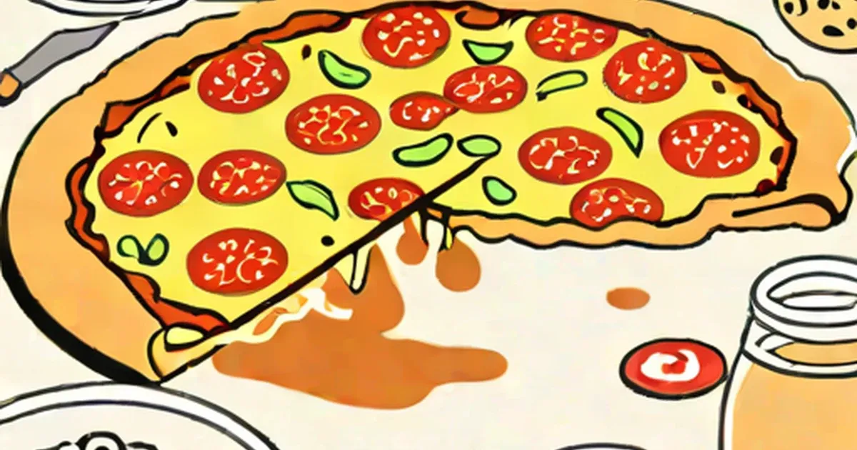Cartoon pizza with red tomato slices and green peppers on melted cheese
