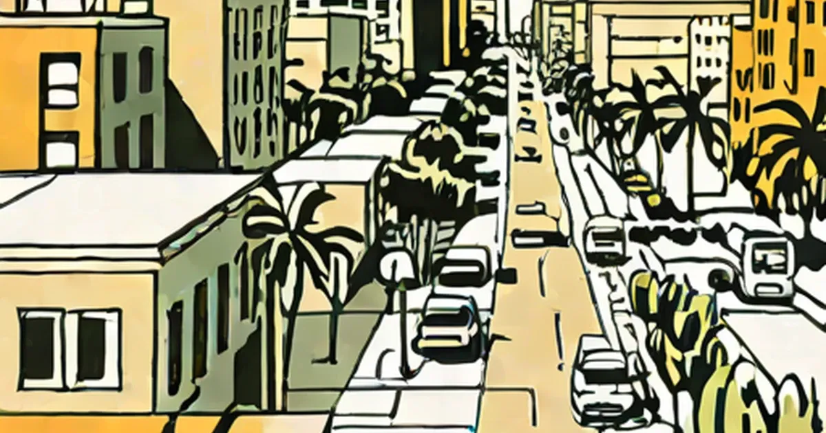Downtown Los Angeles street lined with buildings and palm trees