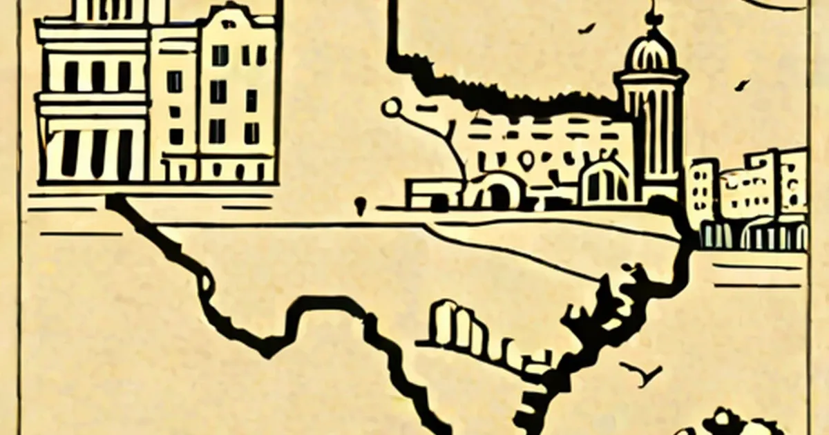 Texas state map with illustrated buildings and capitol dome