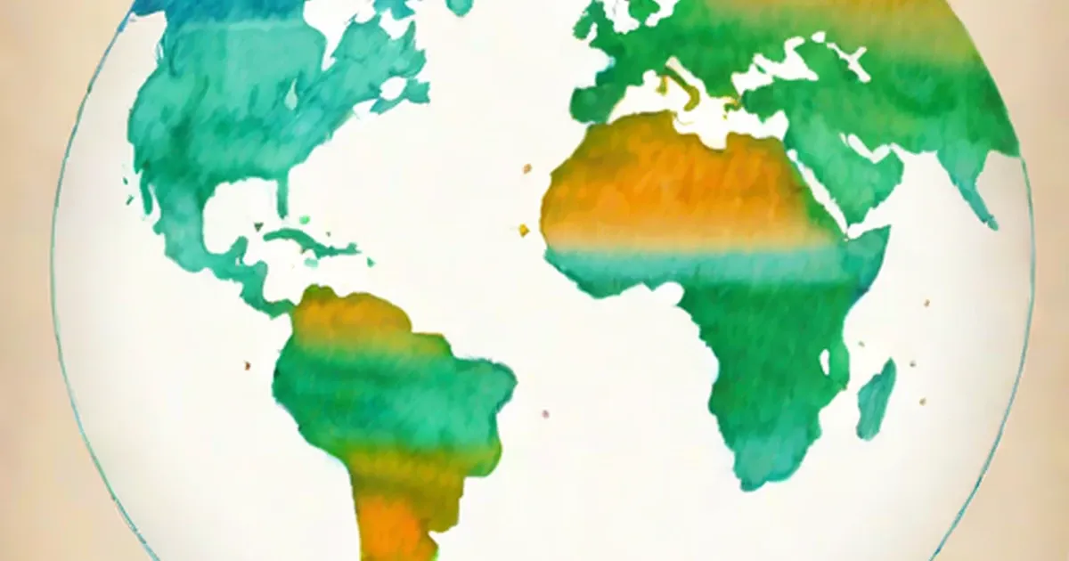 World map with green continents and orange-yellow equatorial temperature bands