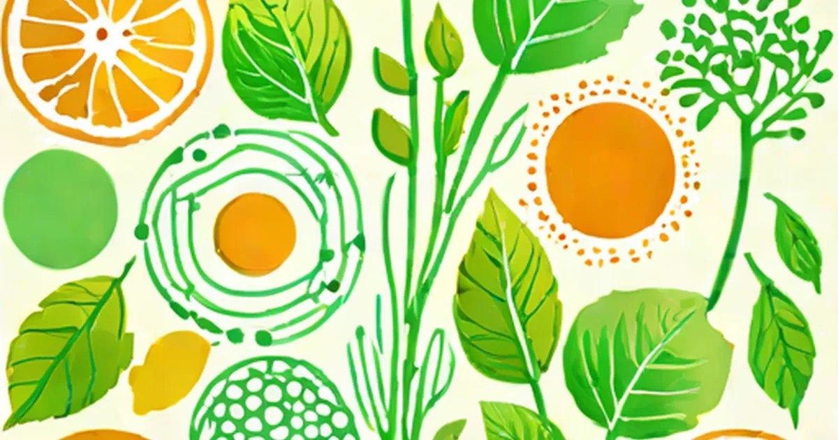 Illustrated plant cells and leaves in green and orange on a light background