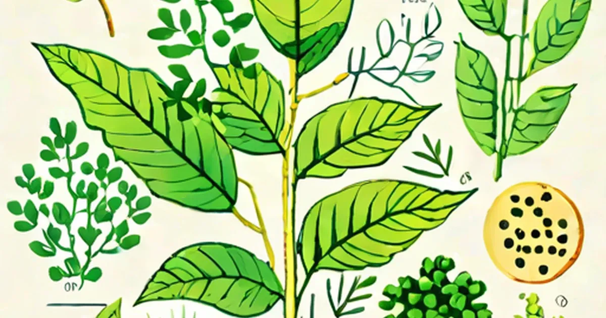 Botanical illustration of plant leaves, stems, and flowers with a magnified view of pollen or seeds