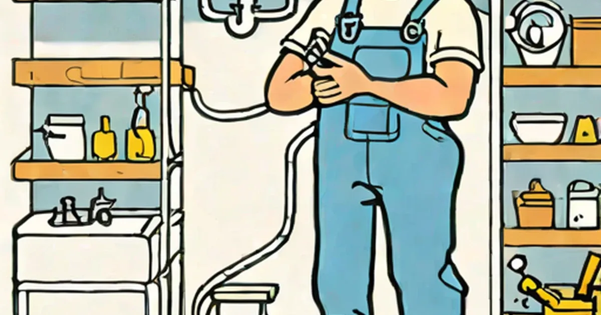 Plumber in blue coveralls using a wrench under a bathroom sink