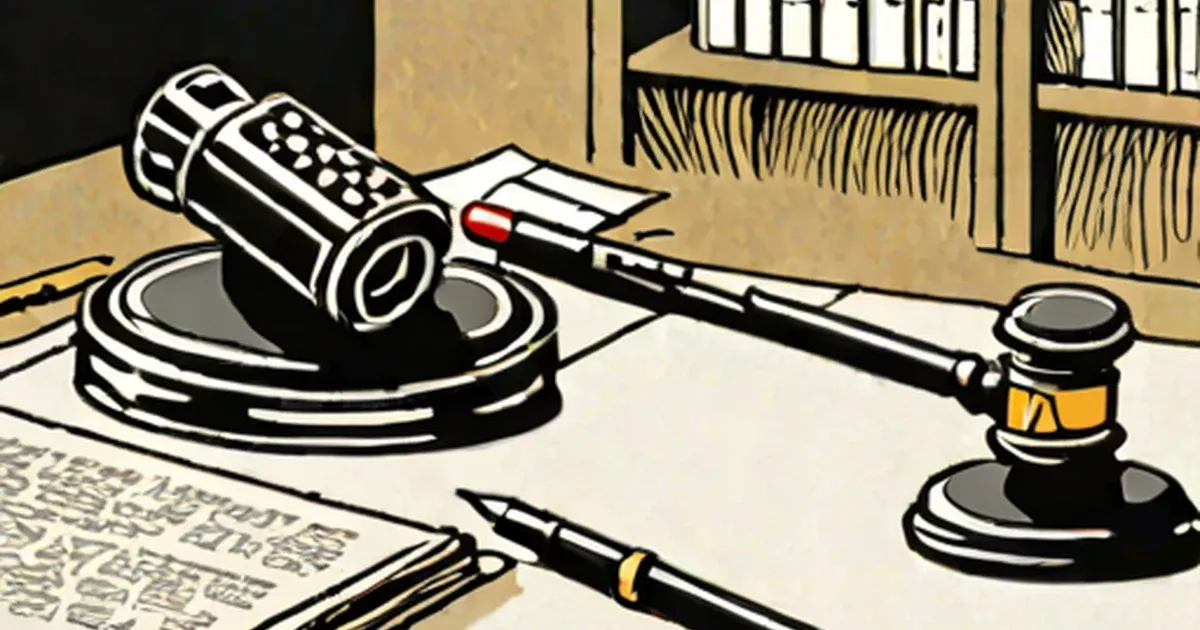 Film reel and judge’s gavel arranged on a desk with pen and documents