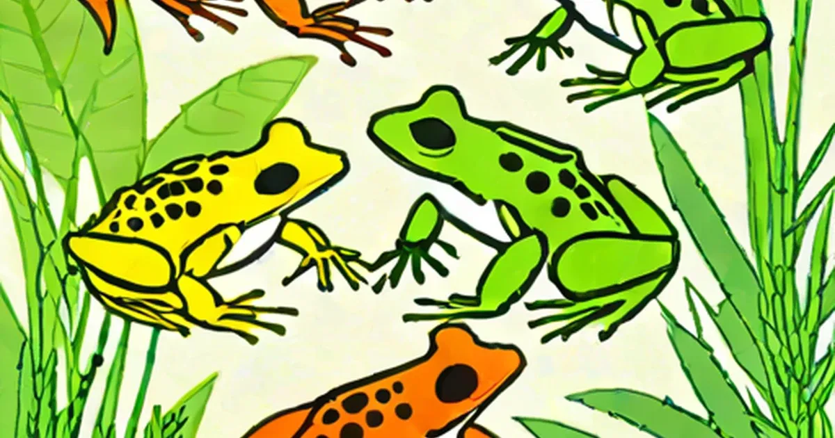 Three poison dart frogs in yellow, green, and orange among leaves