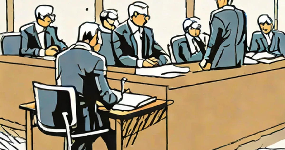 Courtroom scene with judge’s bench and standing attorney