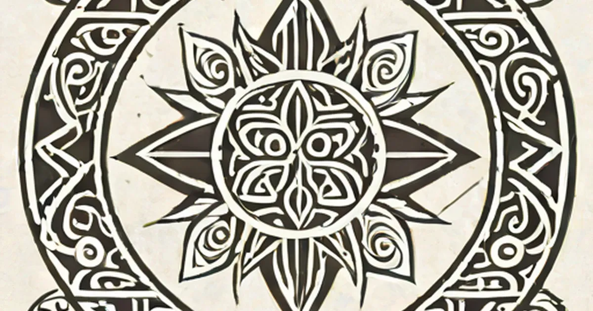 Geometric black Polynesian tattoo with radiating sun pattern and ornate spiral borders
