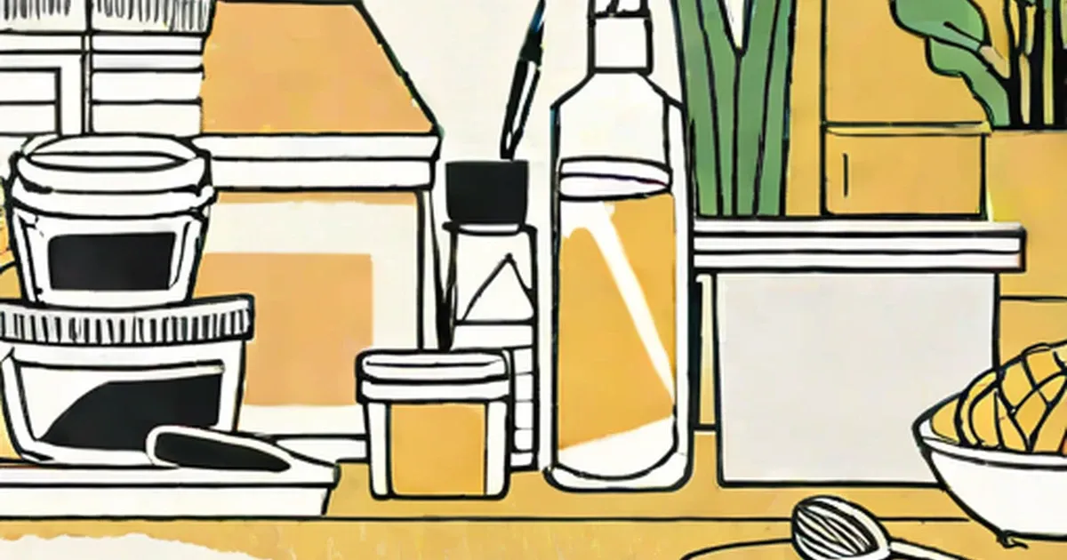Plastic storage containers and bottles arranged on a yellow kitchen countertop