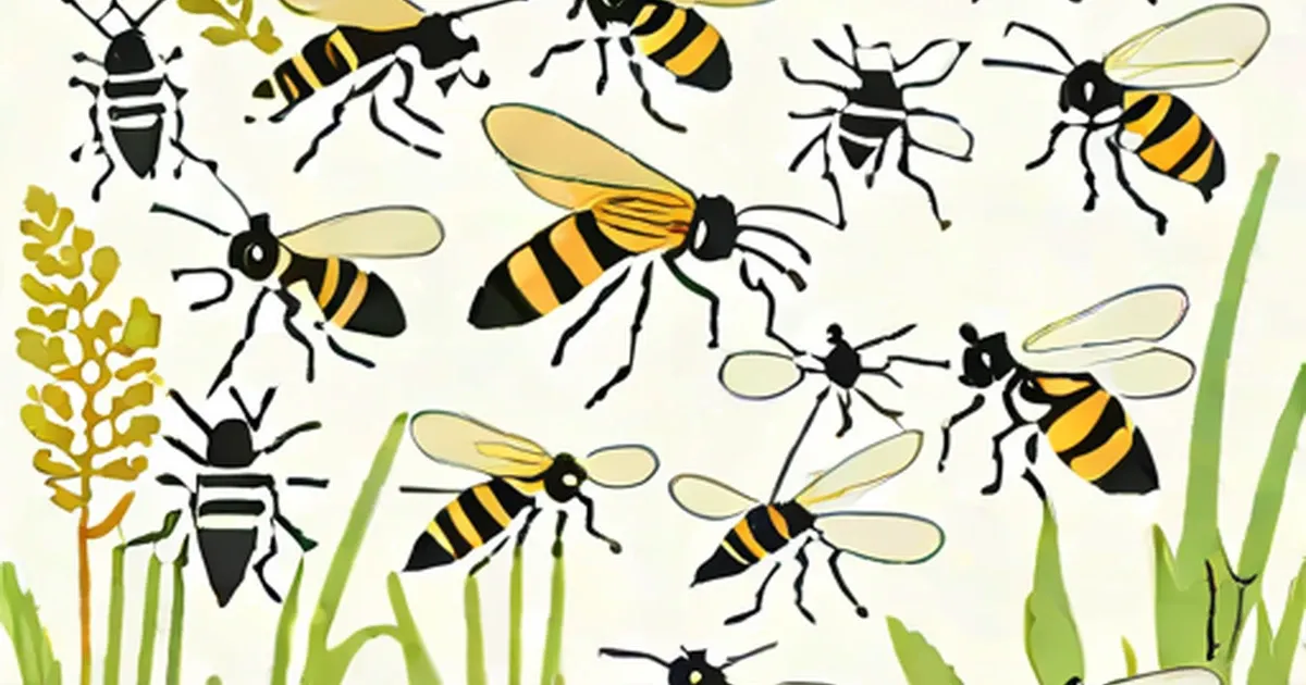 Illustrated bees and beetles clustered around green pond plants