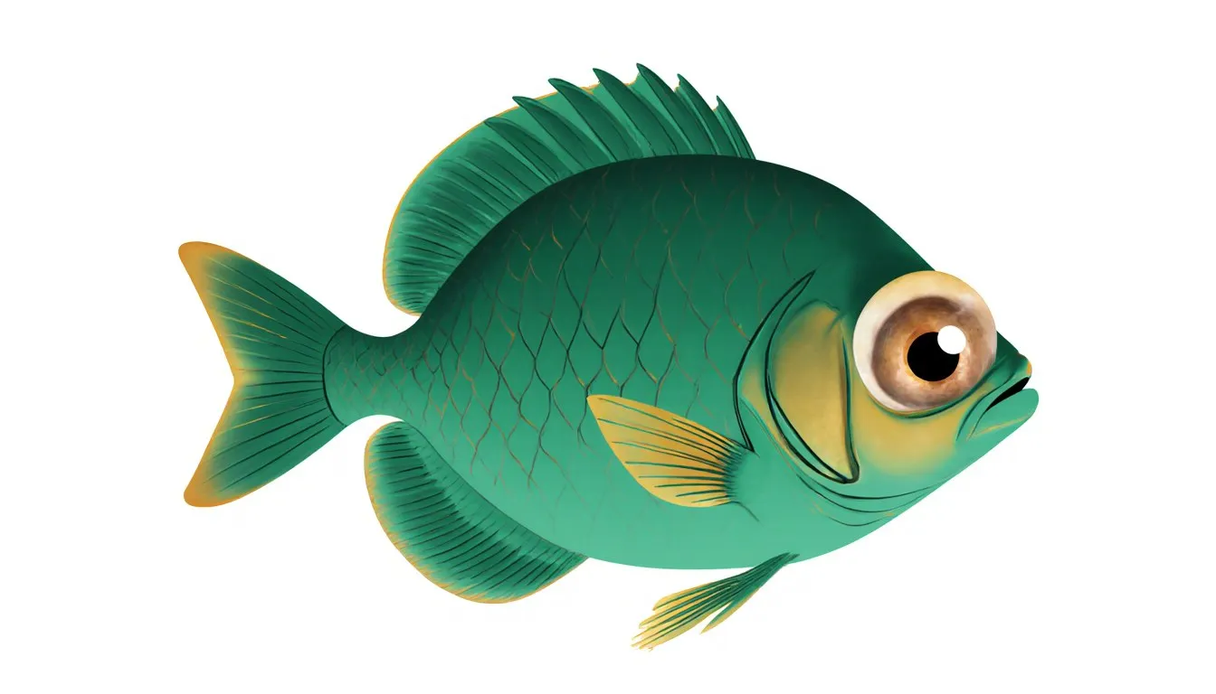 Illustration of a fish with pop eye disease, one eye swollen into a cloudy bulging dome