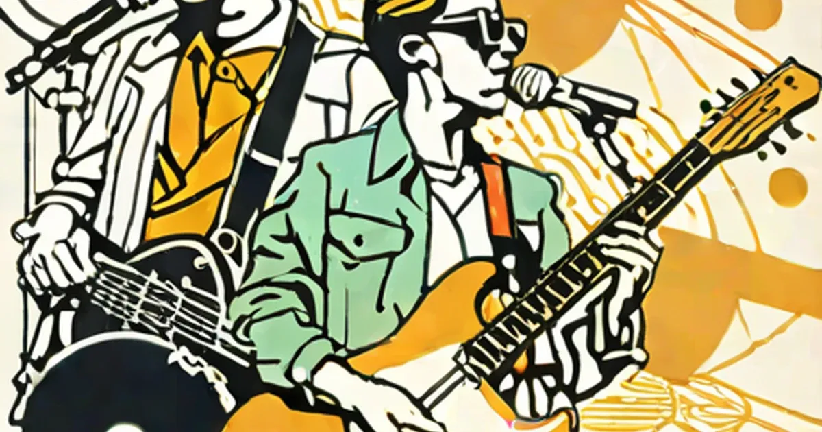 Band members perform with guitars and microphone in bold line art