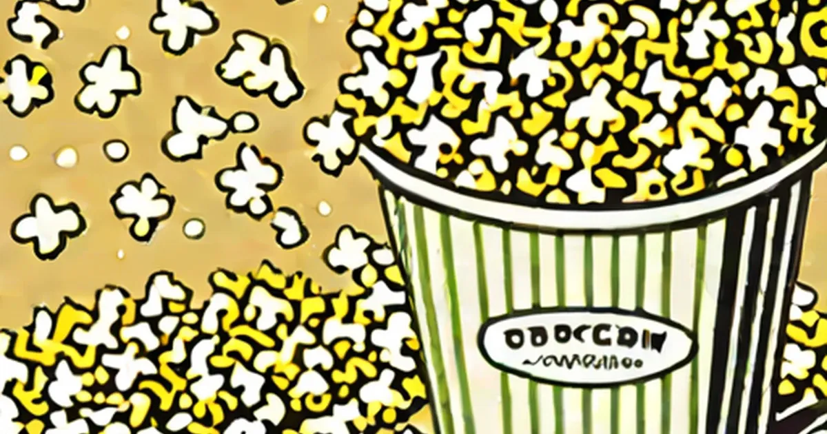 Popcorn kernels scattered around a classic striped popcorn serving container