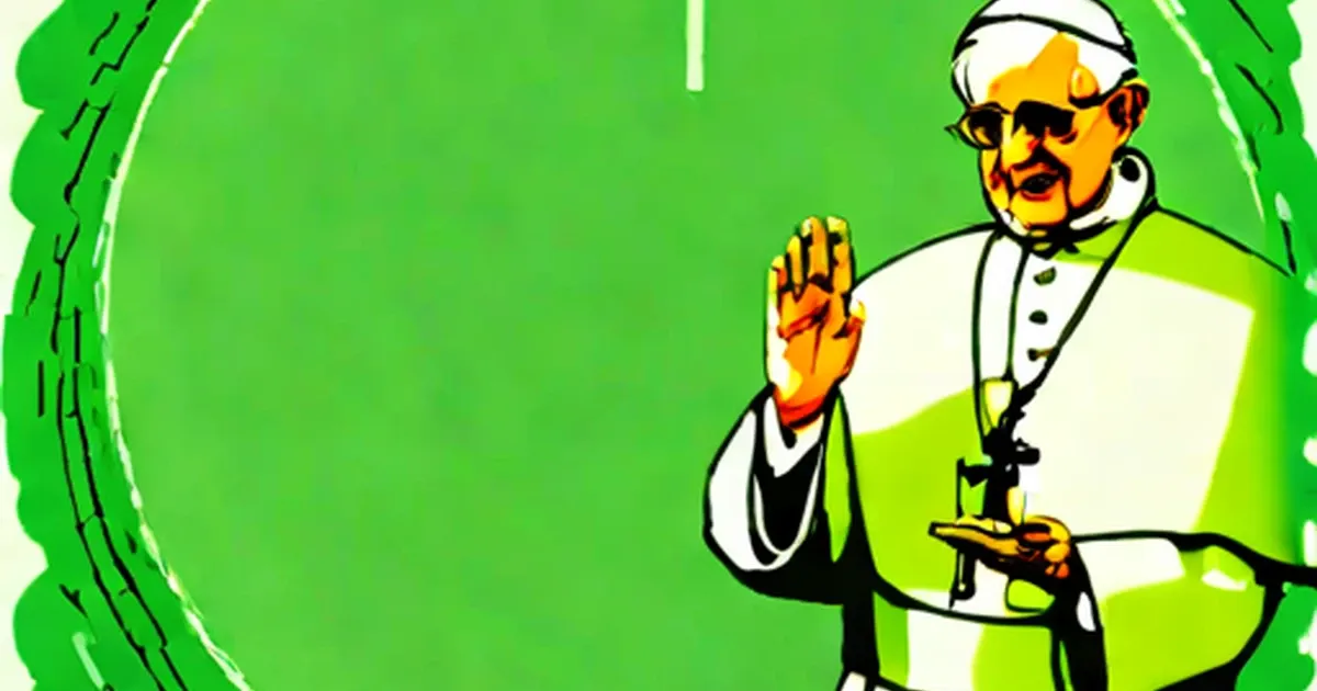 Pope in sunglasses and white vestments with green accents against bright green background