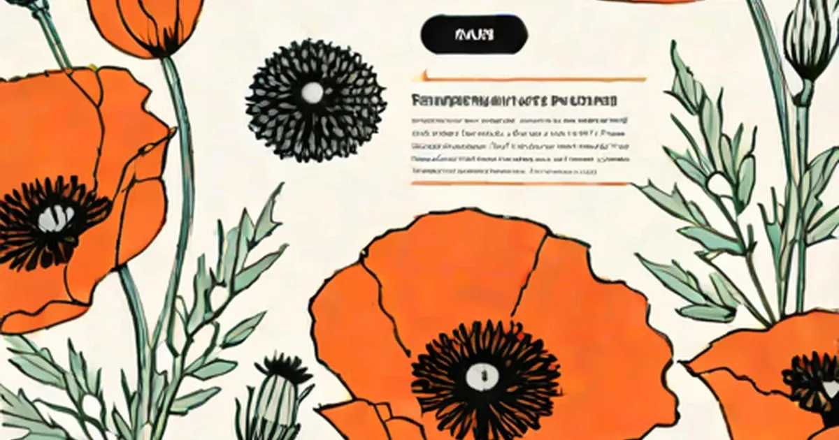 Stylized drawing of bright orange poppies with black seed pods surrounded by green foliage