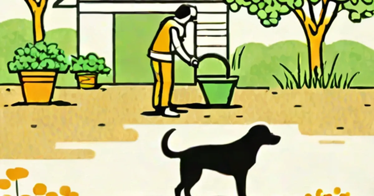 Person applying fertilizer in yard with dog in foreground