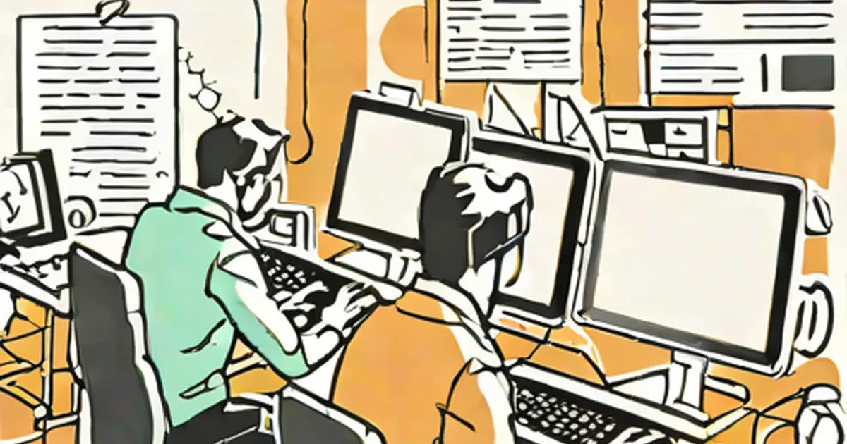 Two people working at computer desks in an office