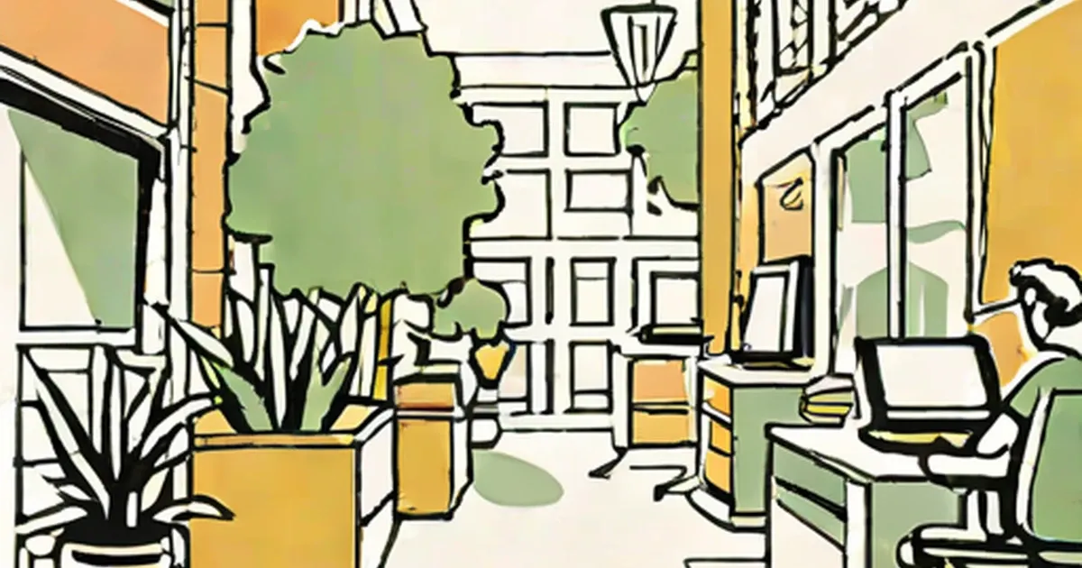 Person at laptop in bright office workspace with potted plants and city view