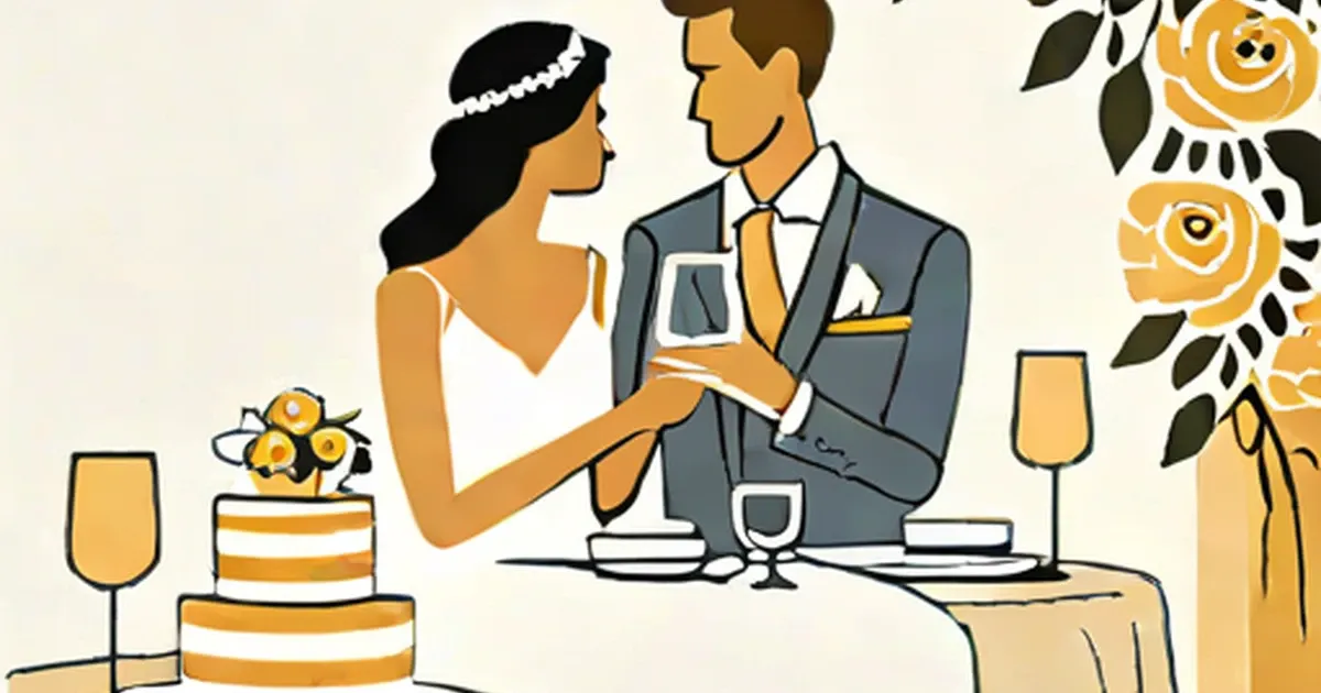 Bride and groom toasting at a reception with a tiered cake
