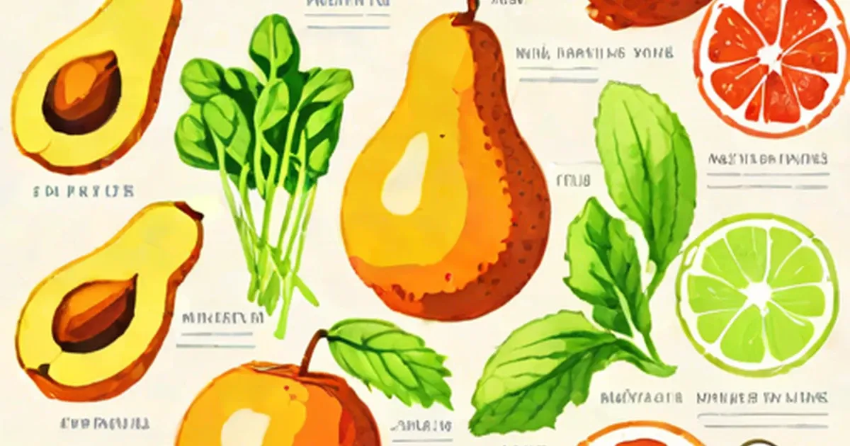 Colorful illustrations of potassium-rich foods including avocados, spinach, pear, grapefruit, and lime