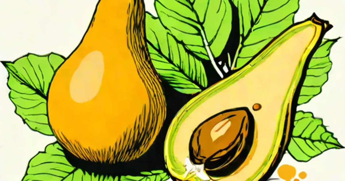 Whole and halved avocados with green leaves