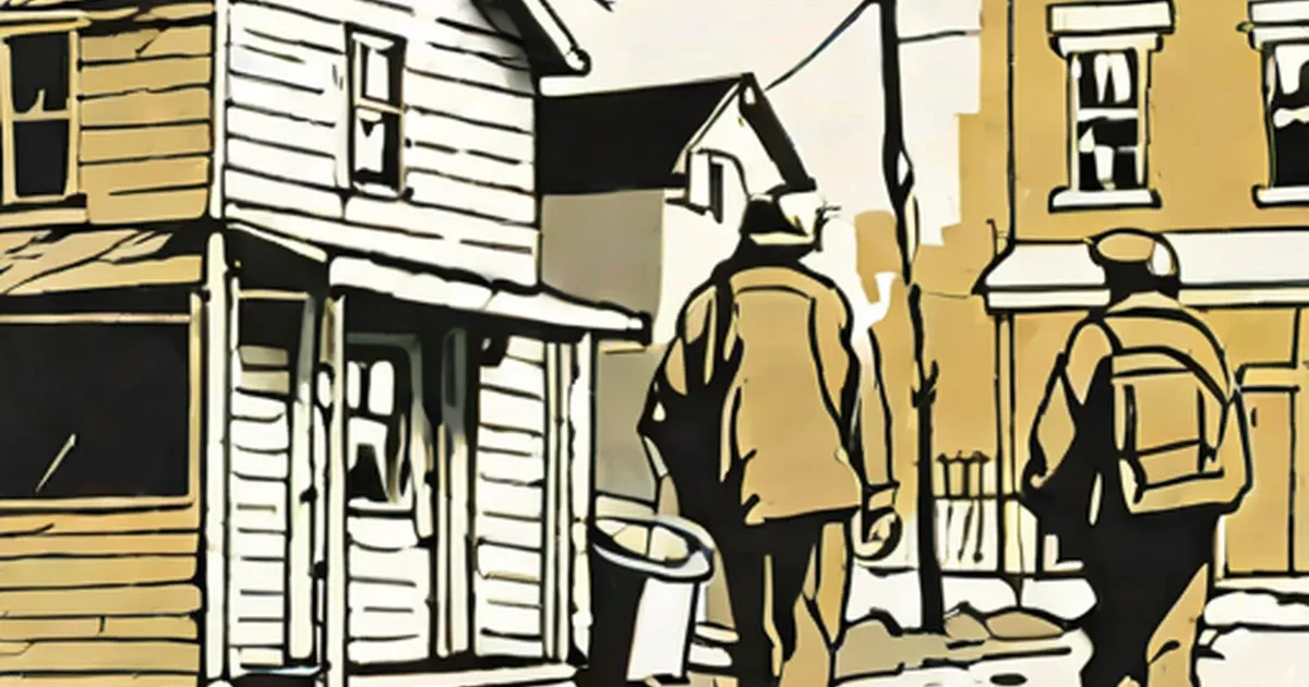 Figures with backpacks walk down a street lined with deteriorated wooden buildings