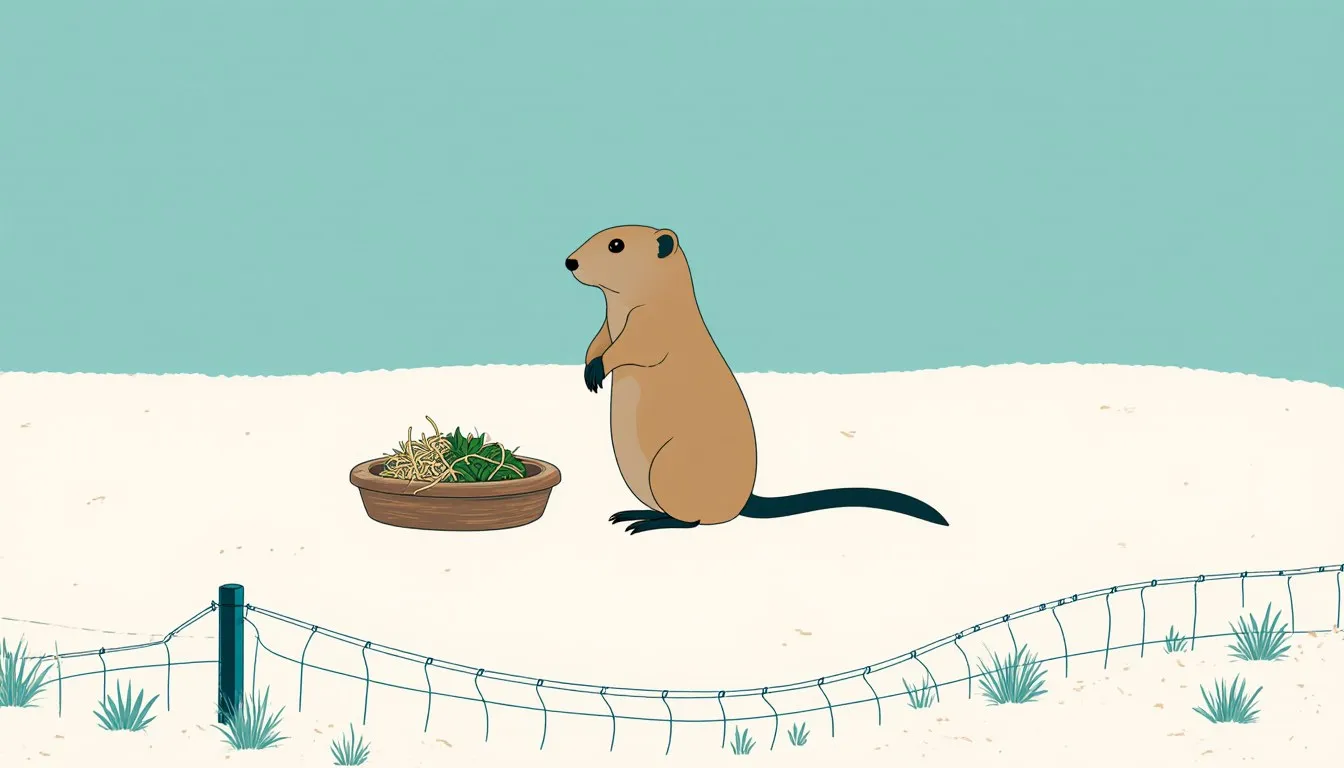 Illustration of an alert prairie dog beside a dish of greens and hay within a fenced enclosure