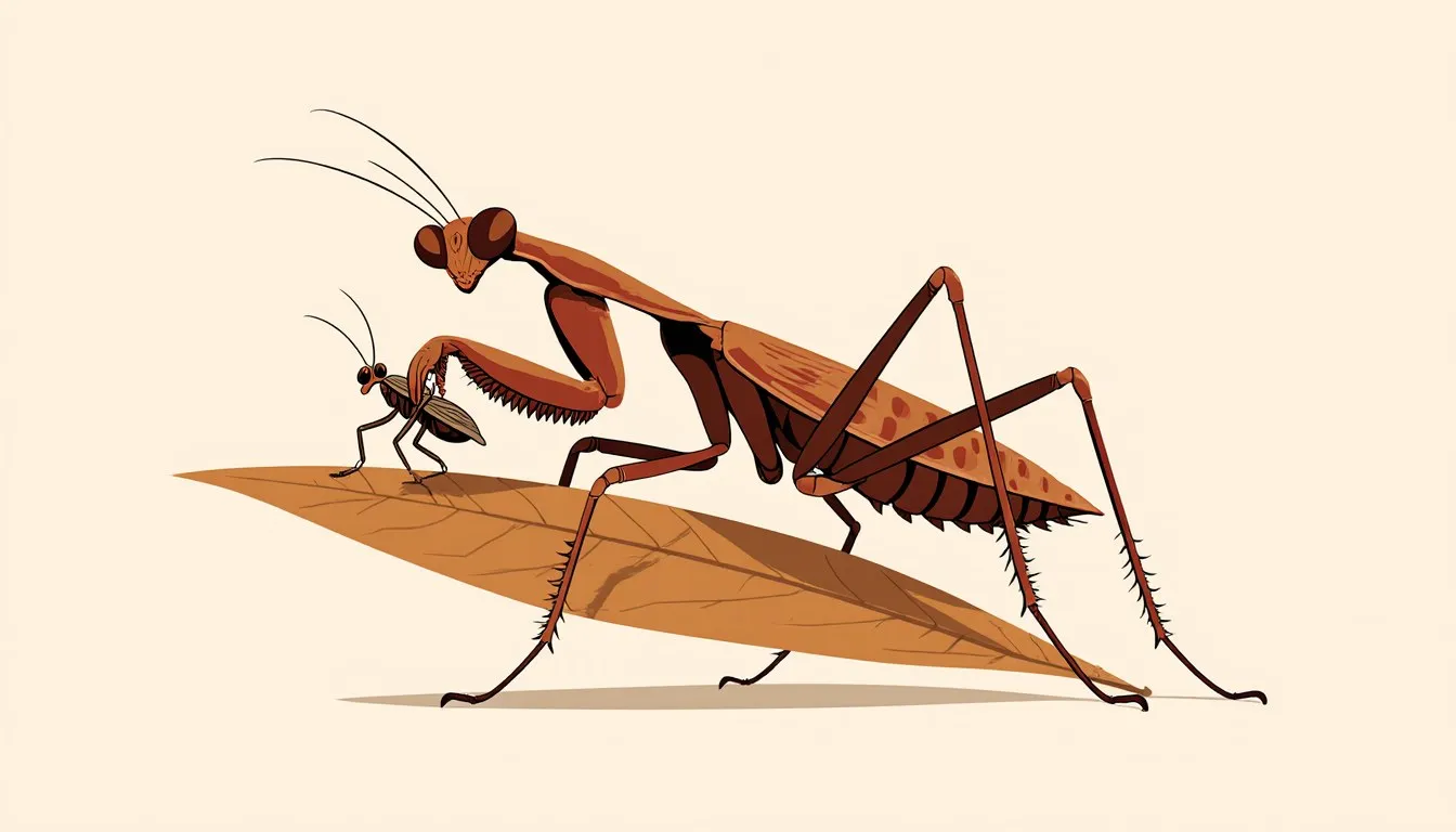 A praying mantis gripping a captured insect in its spiked front legs while perched on a leaf