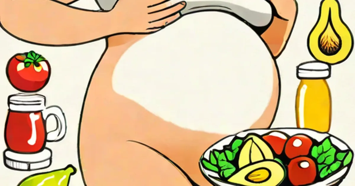 Pregnant belly with fresh tomatoes, avocado, leafy greens, and vegetable oil