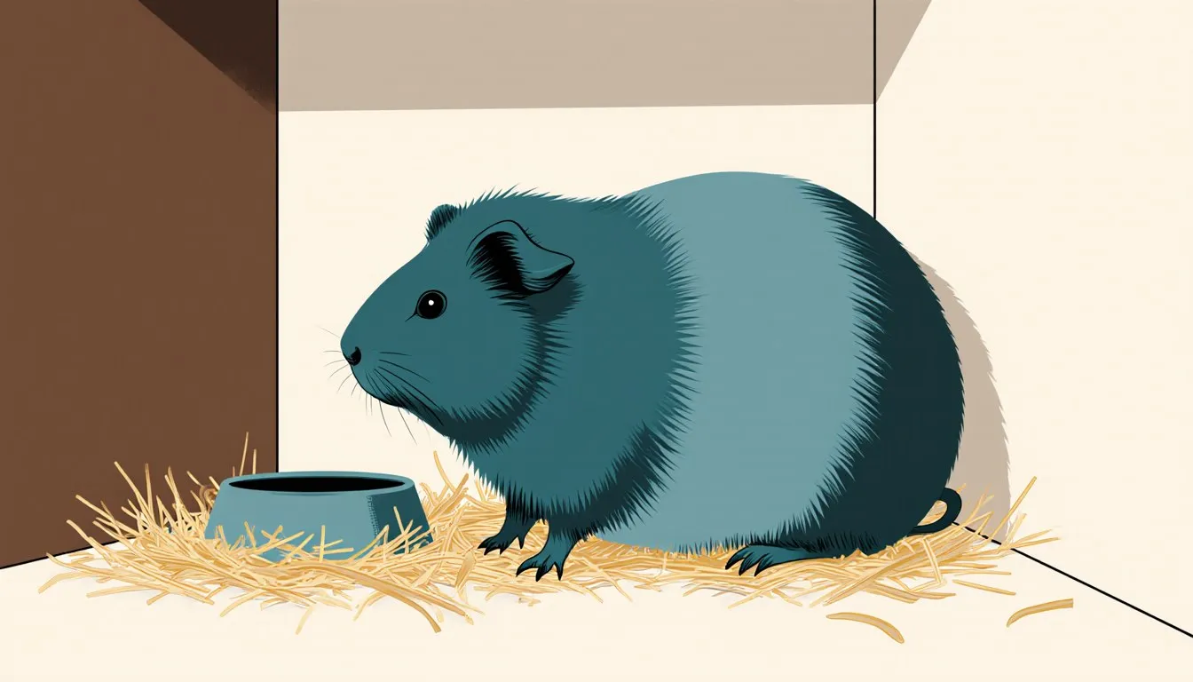 Illustration of a round, heavily pregnant guinea pig resting on hay in a nesting corner
