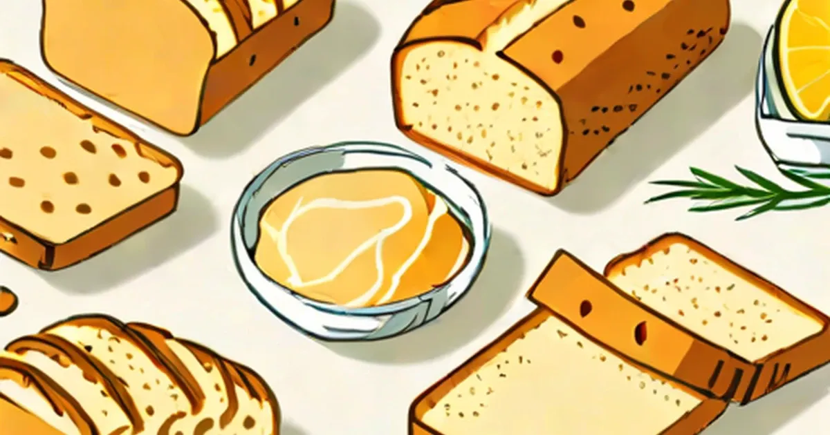 Sliced and whole loaves of bread with butter, lemon slice, and rosemary