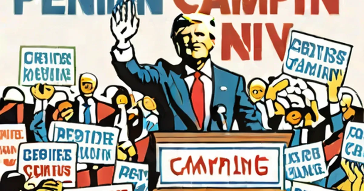 Political campaign rally illustration with candidate at podium and crowd holding signs