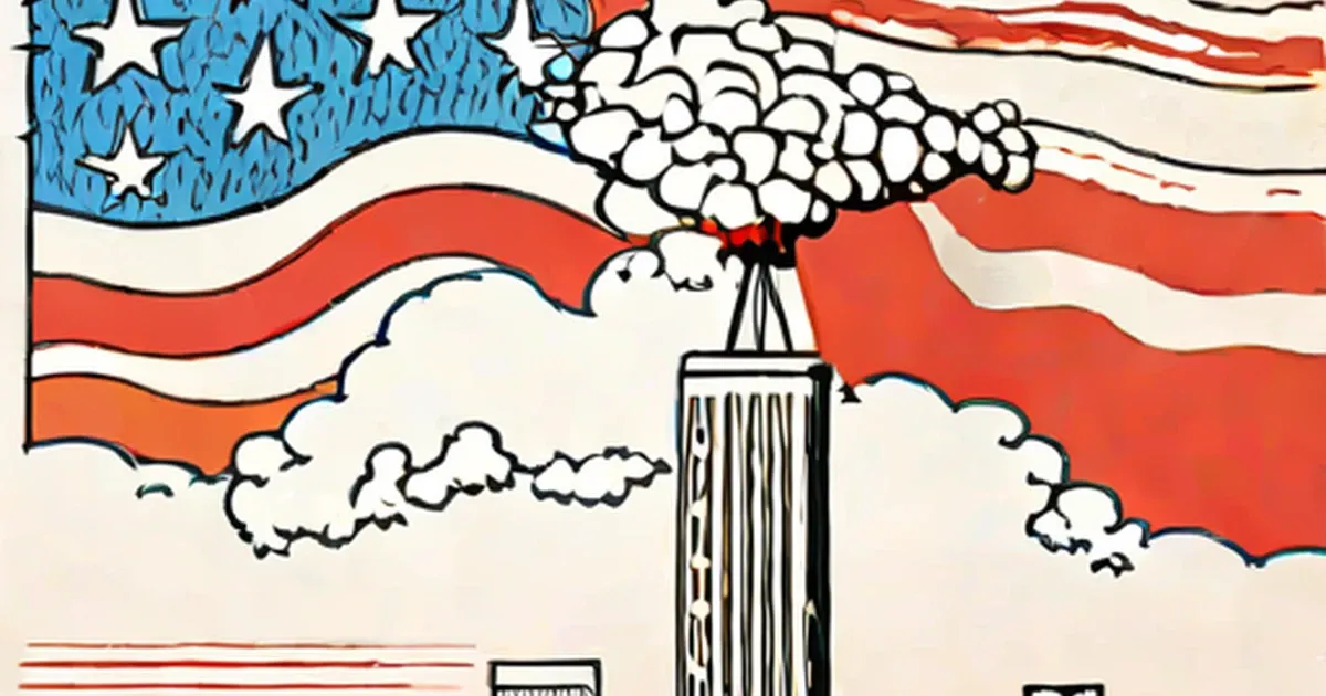 Skyscraper with smoke and fire erupting from top, set against American flag background