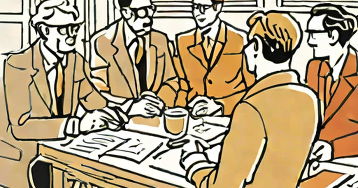 Vintage illustration of businessmen in suits gathered around a conference table