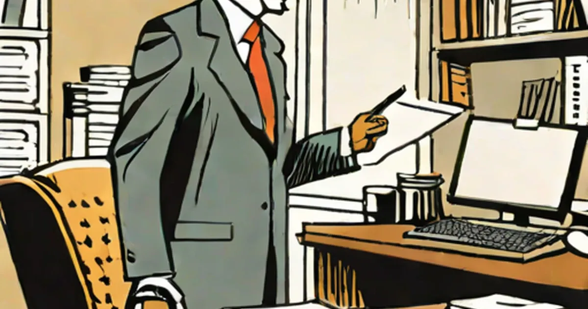 Professional in suit examining documents at desk