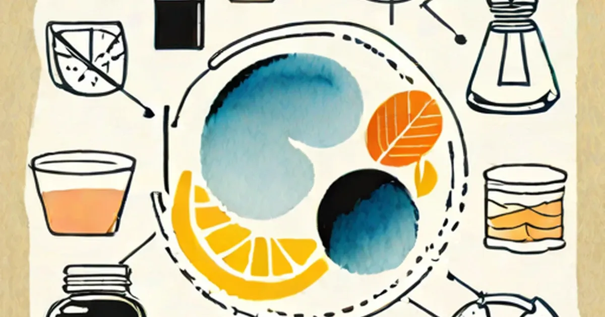 Bottles, containers and household items illustrated around a watercolor center