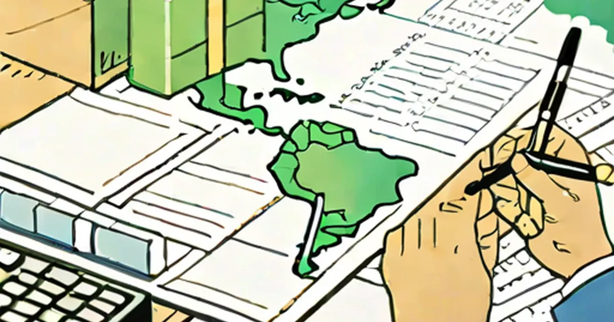 Hand with pen organizing financial documents and map on desk with calculator