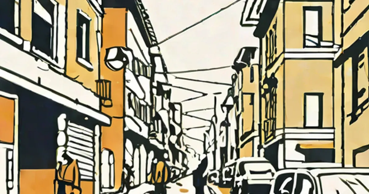 Illustrated street with tan and yellow buildings, power lines, and people