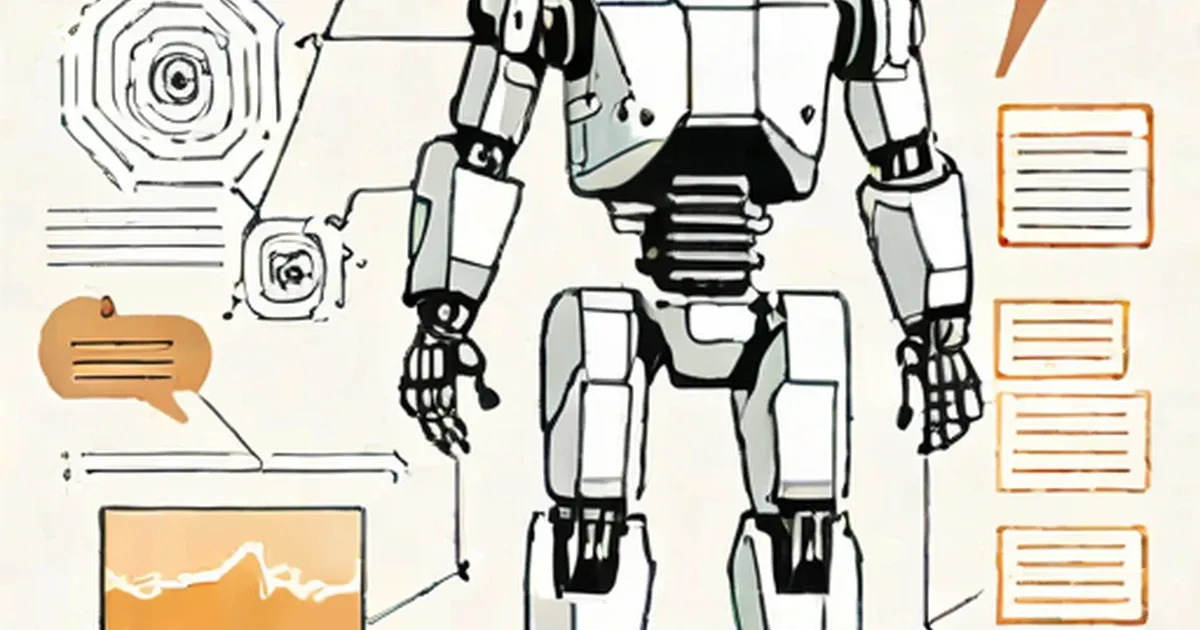 Mechanical robot surrounded by data visualizations, charts, and documents