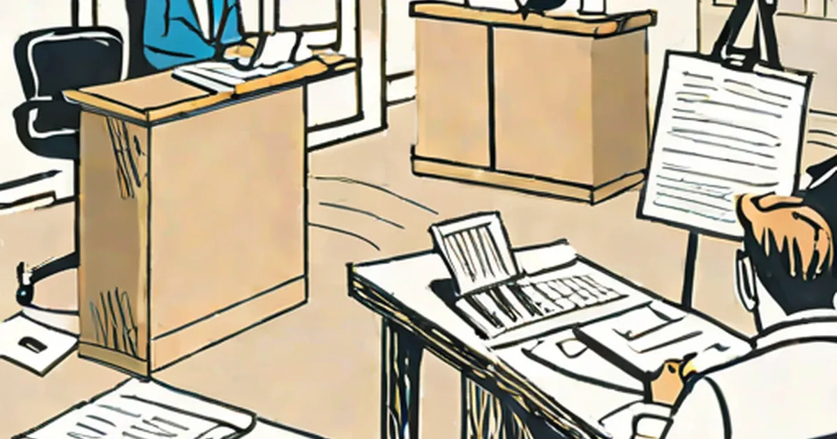 Brown cardboard box surrounded by papers and documents on a work desk