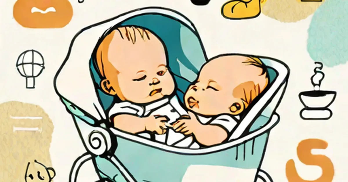 Illustration of two infants in a turquoise curved crib with decorative elements around them