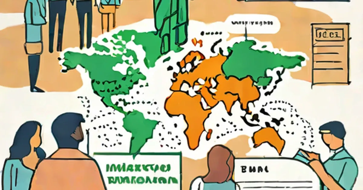 World map with colored regions and diverse people reviewing immigration paperwork