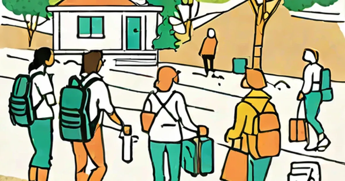 People with travel backpacks gathered outside a house